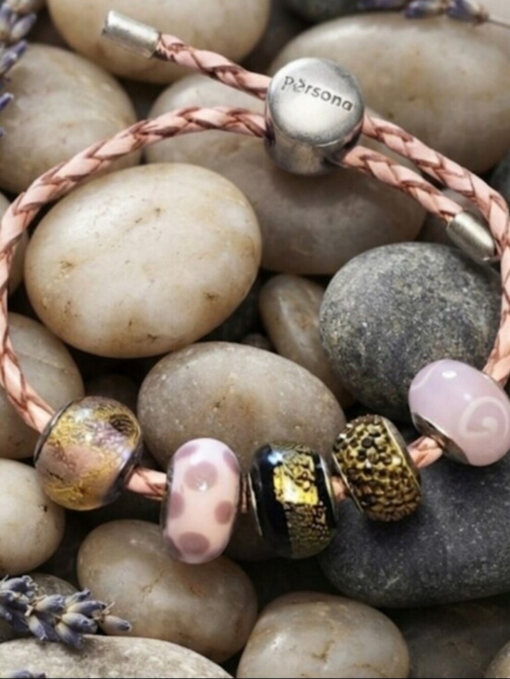 925 Sterling Silver/Leather Authentic Persona Bracelet &  Murano Beads Nwot